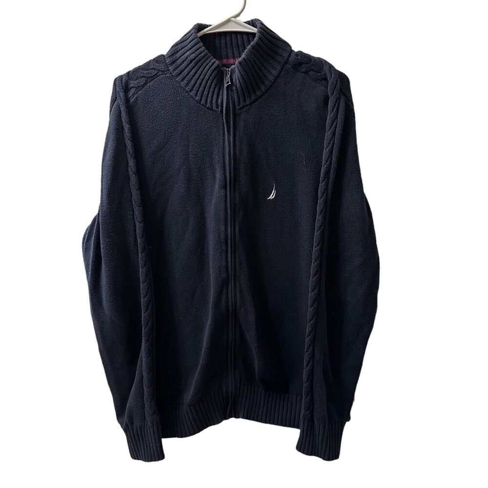 Nautica Blue Full Zip Sweater 100% Cotton Long Sleeve Mock Neck Size Medium